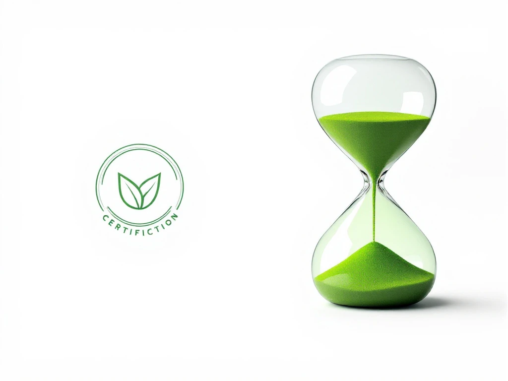 Hourglass with flowing green sand beside certification seal featuring leaf symbol, representing environmental standards on minimalist white background.