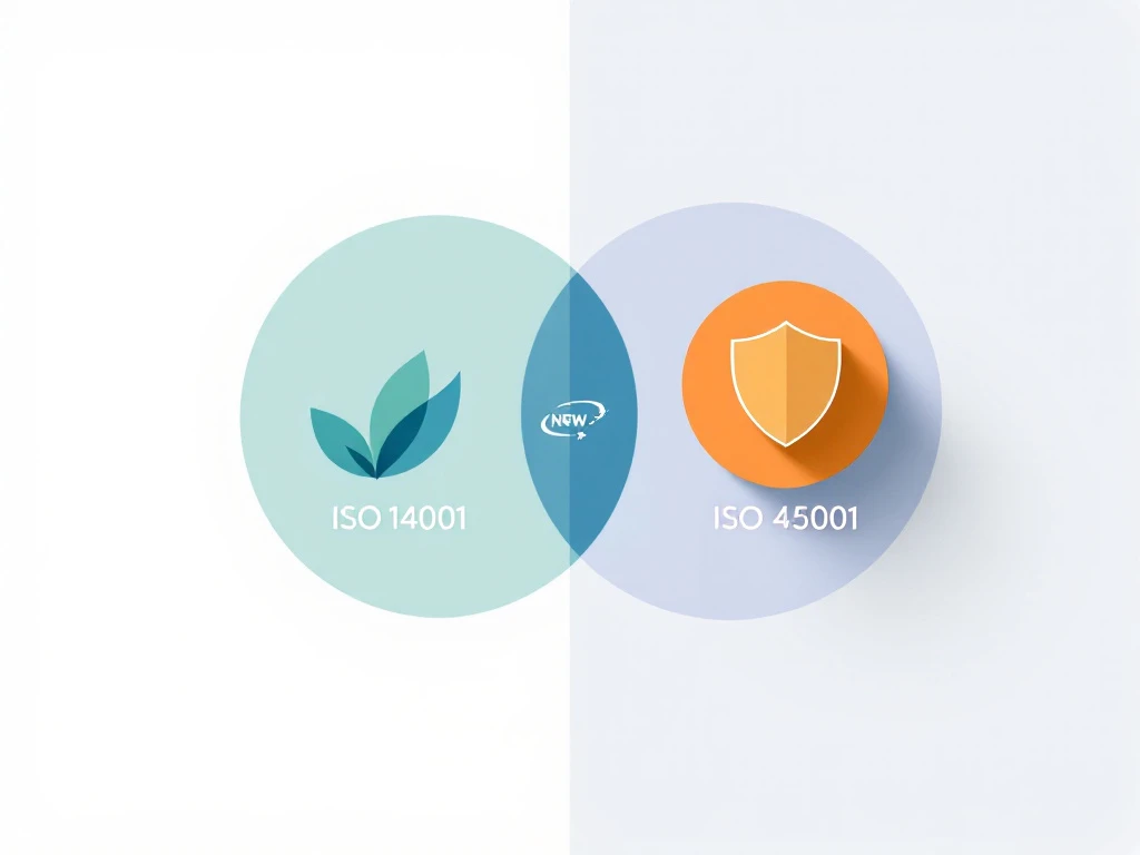 Interconnected ISO 14001 and ISO 45001 symbols with leaf and shield icons in teal and amber circles showing integrated sustainability.