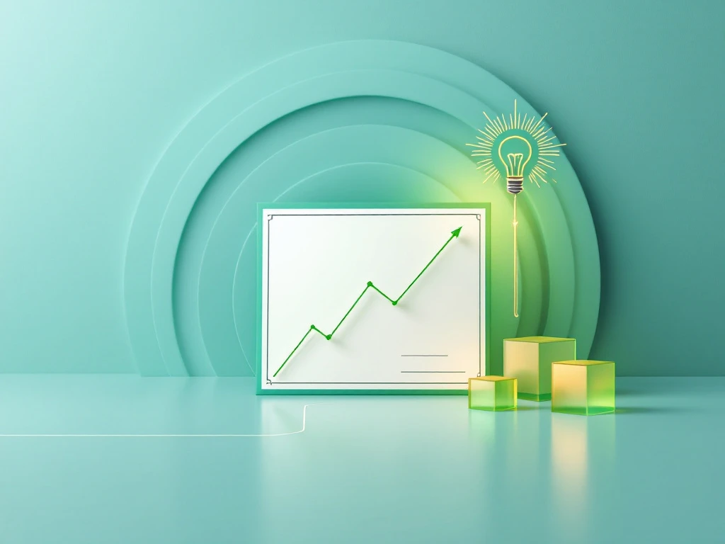Energy performance certificate transforming into upward graph with PDCA cycle, green improvement cubes, and efficiency lightbulb on blue background.