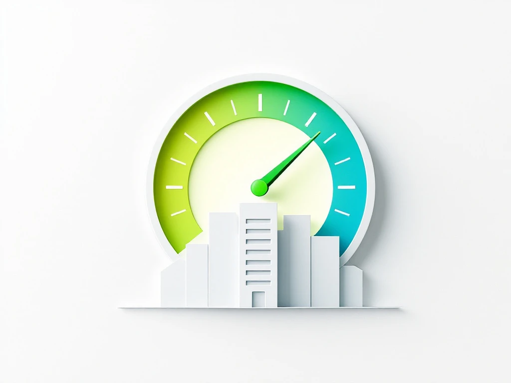 Energy efficiency gauge with needle pointing to green zone above simplified building with flow lines, conveying sustainability management