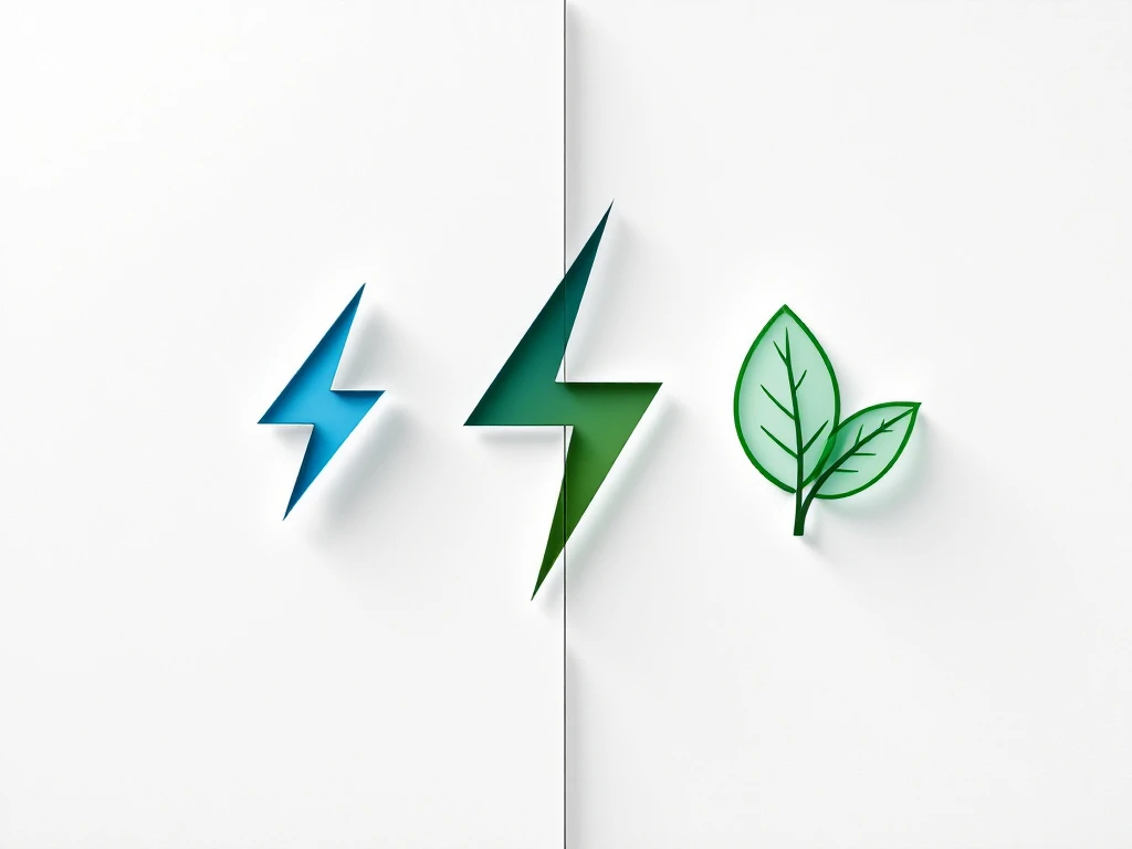 Minimalist comparison of ISO 50001 (blue lightning bolt for energy) and ISO 14001 (green leaf for environment) certifications.