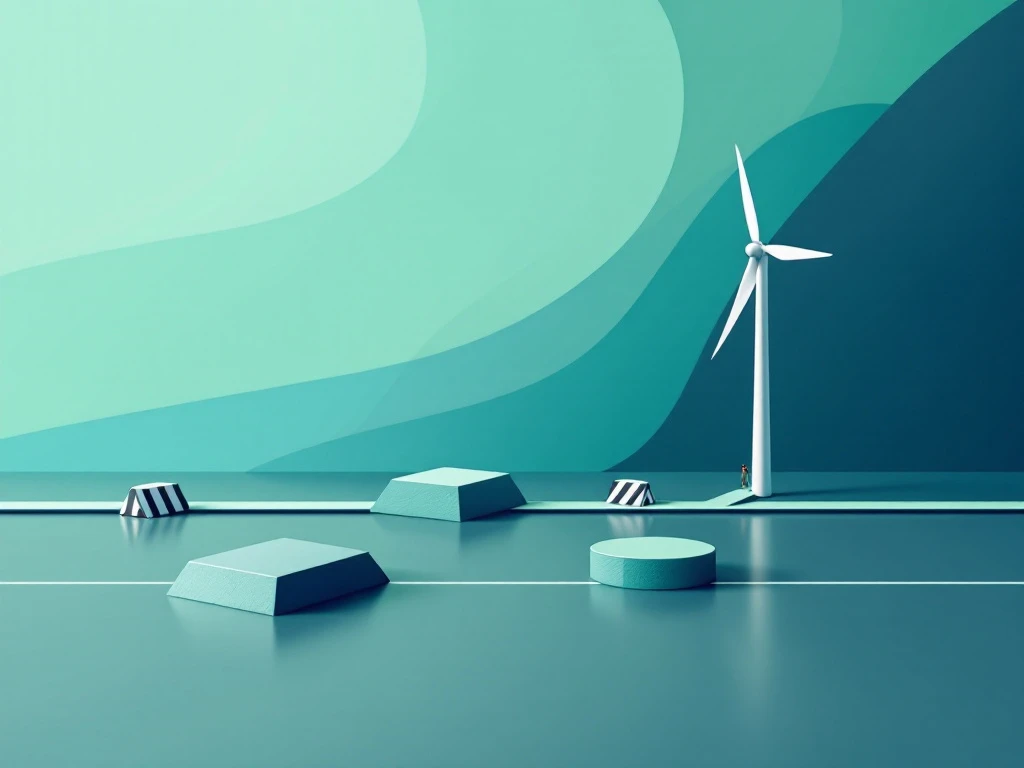 Minimalist energy management system diagram showing green energy flow encountering barriers, with ISO 50001 certification hurdles represented in a sustainable blue-green palette.