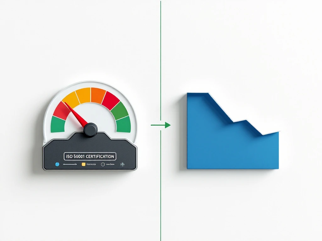 Energy efficiency meter connected to decreasing cost graph, illustrating how ISO 50001 certification leads to reduced energy expenses through improved efficiency.