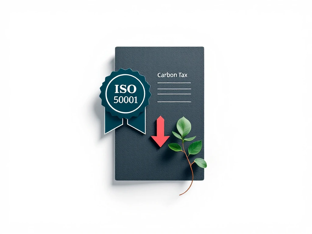 ISO 50001 certification seal overlapping carbon tax document with red downward arrow and green leaf symbolizing sustainable energy management