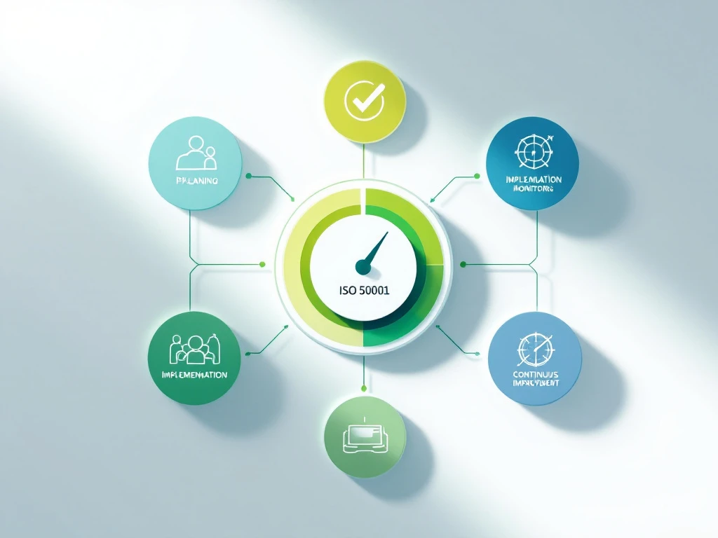 Minimalist ISO 50001 energy management diagram with efficiency gauge and five implementation step icons in green-blue gradients