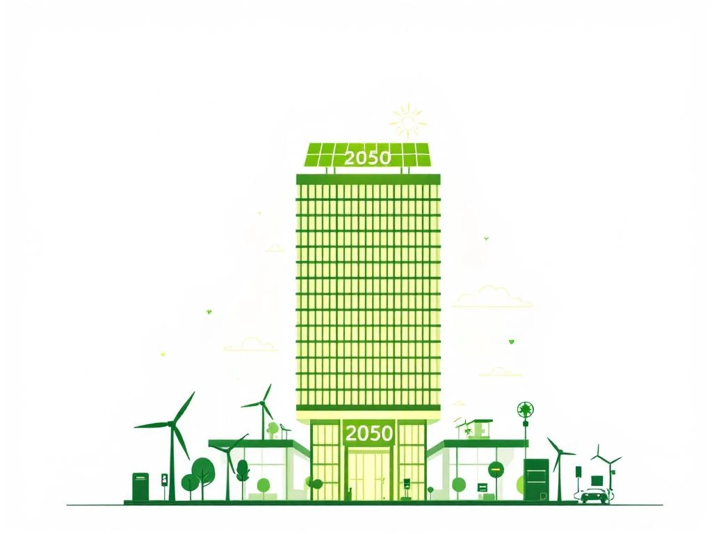 Modern hotel building with 2050 typography, solar panels, wind turbines, and EV charging stations on white background