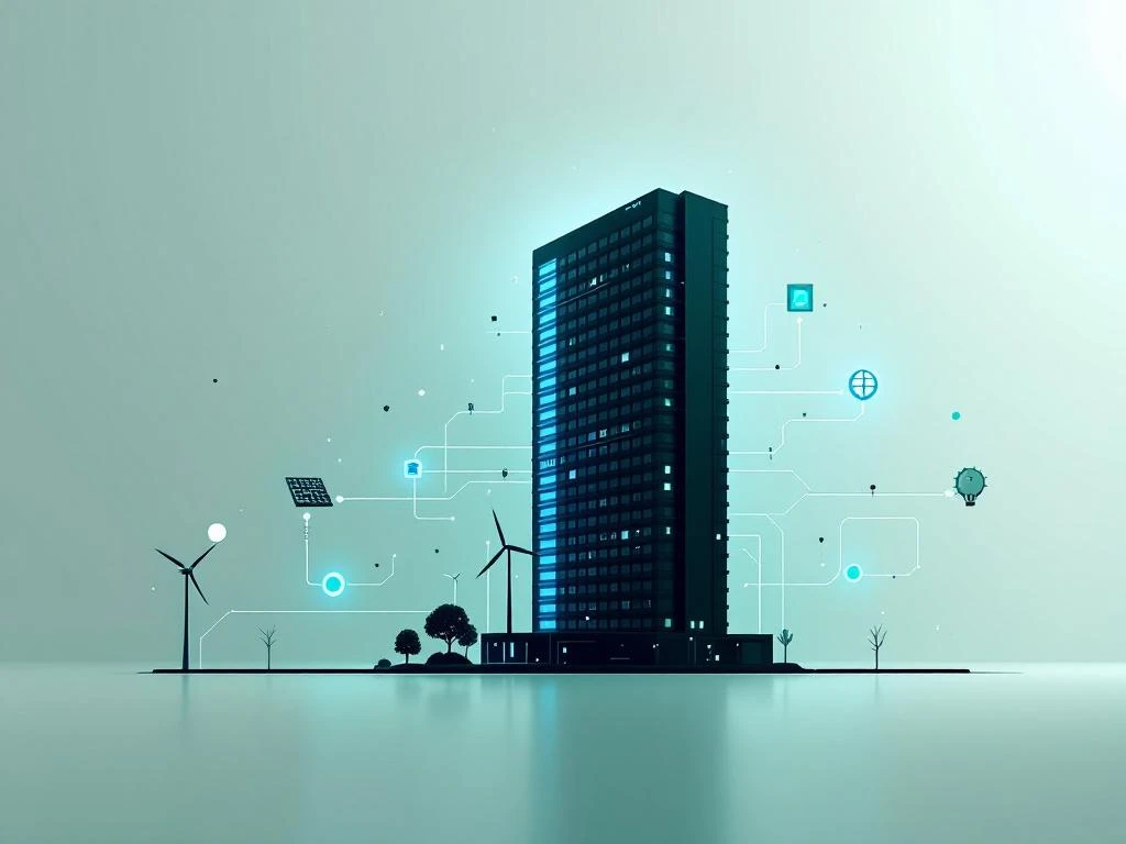 Modern green hotel building with blue circuit pathways and floating renewable energy icons including solar panels and wind turbines