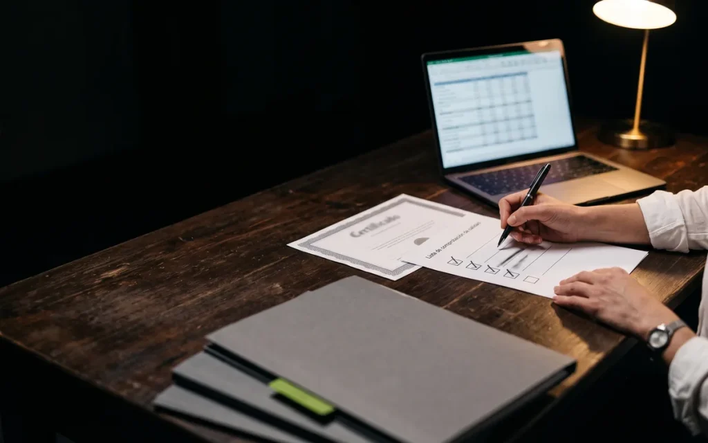 An auditor reviews a certificate and a compliance checklist at a desk, next to a laptop with a data sheet.