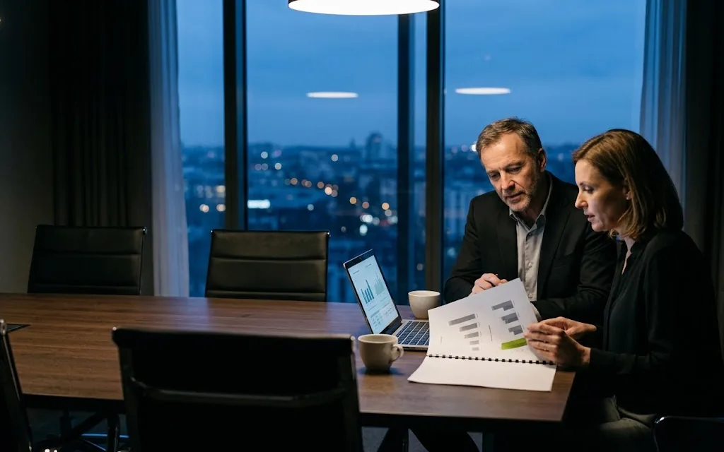 A hotel owner and a sustainability advisor review an ESG report with charts in a meeting room at dusk.
