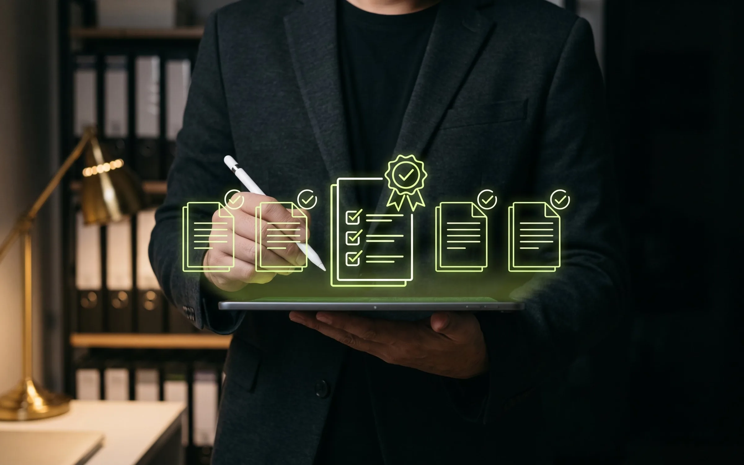 A hotel auditor in a dark jacket holds a tablet and stylus; above it float lime-green line icons of checked documents and a certificate badge.