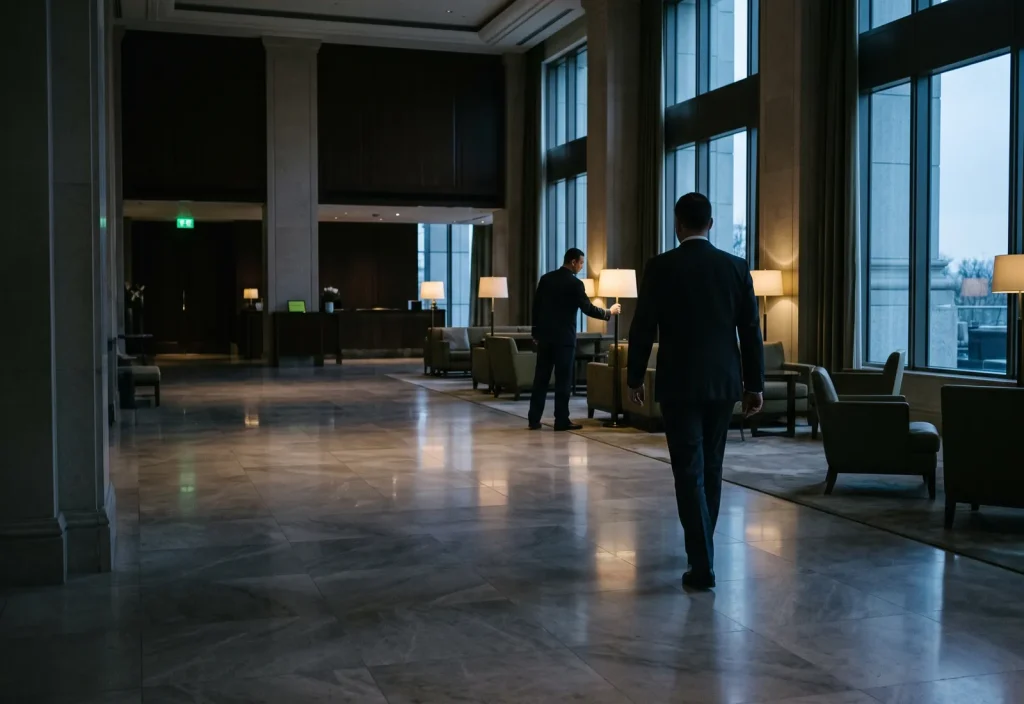 A hotelier walks through an empty hotel lobby at dawn as a colleague switches on the lamps.