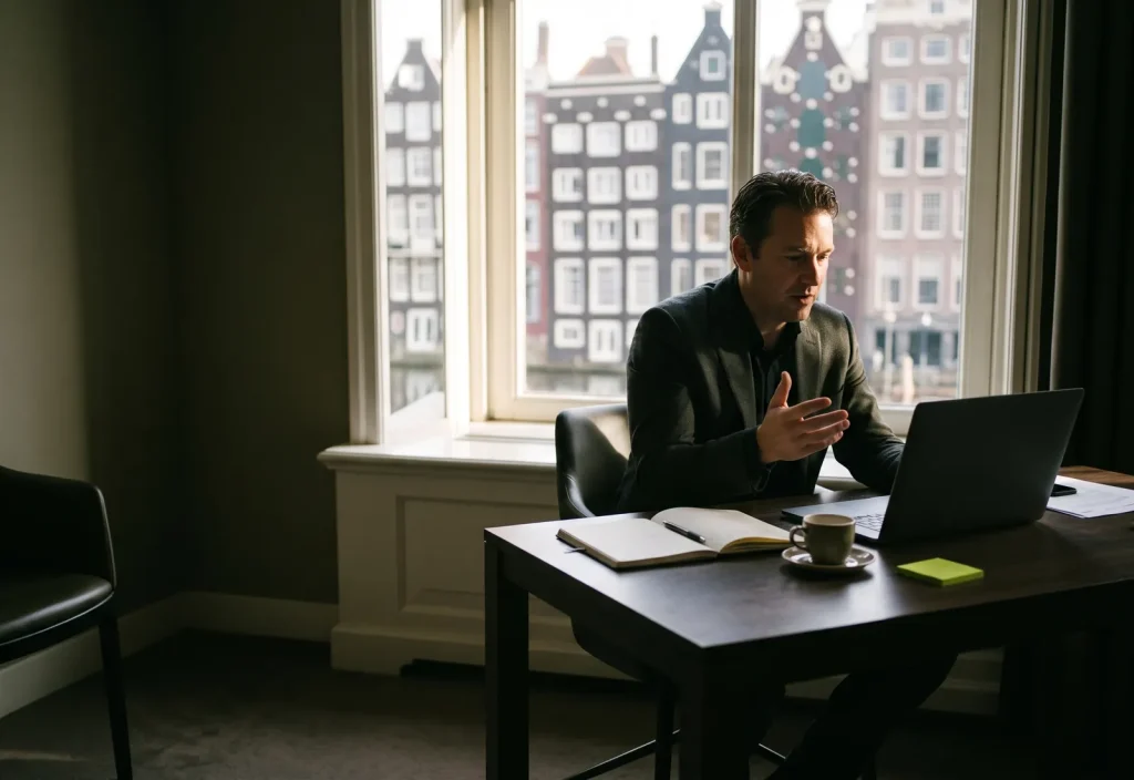 A hotel general manager on a video call at a desk by a window overlooking canal houses.