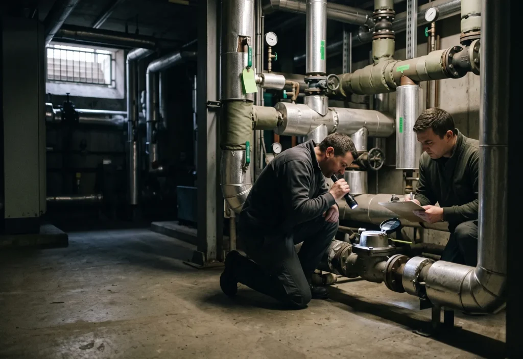Two engineers read the main water meter in the hotel’s plant room.