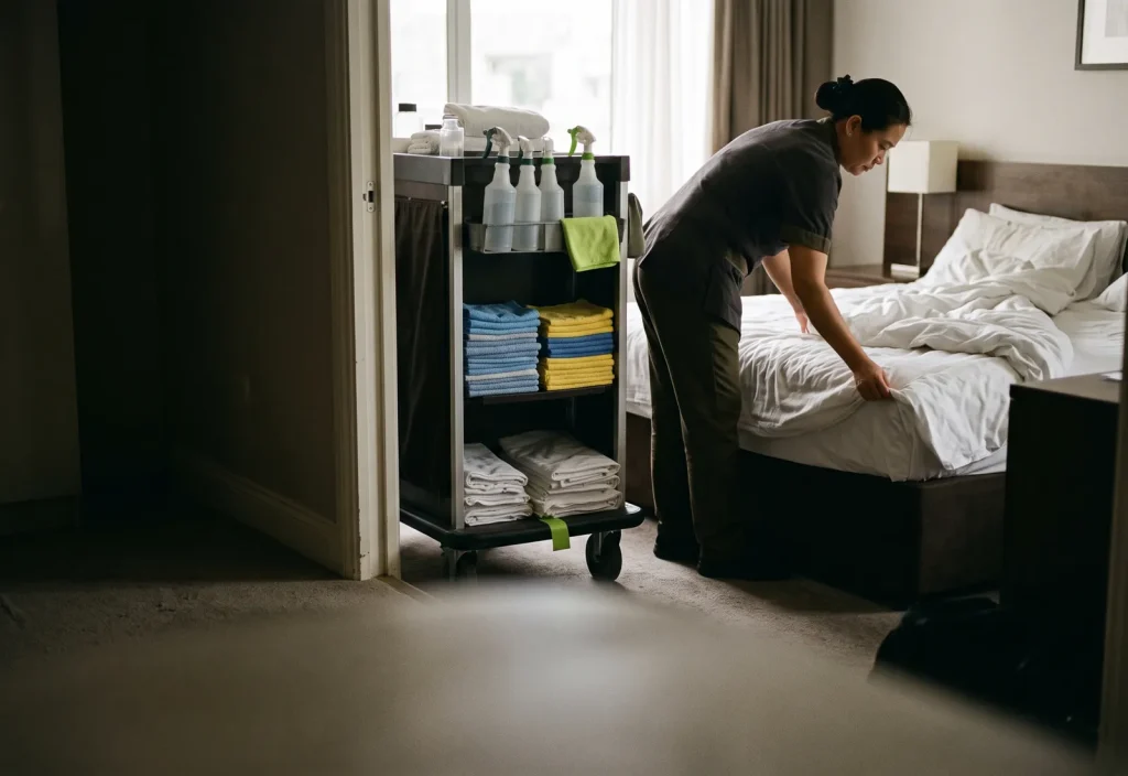 A room attendant prepares a guest room, with refillable spray bottles and colour-coded cloths on her trolley.
