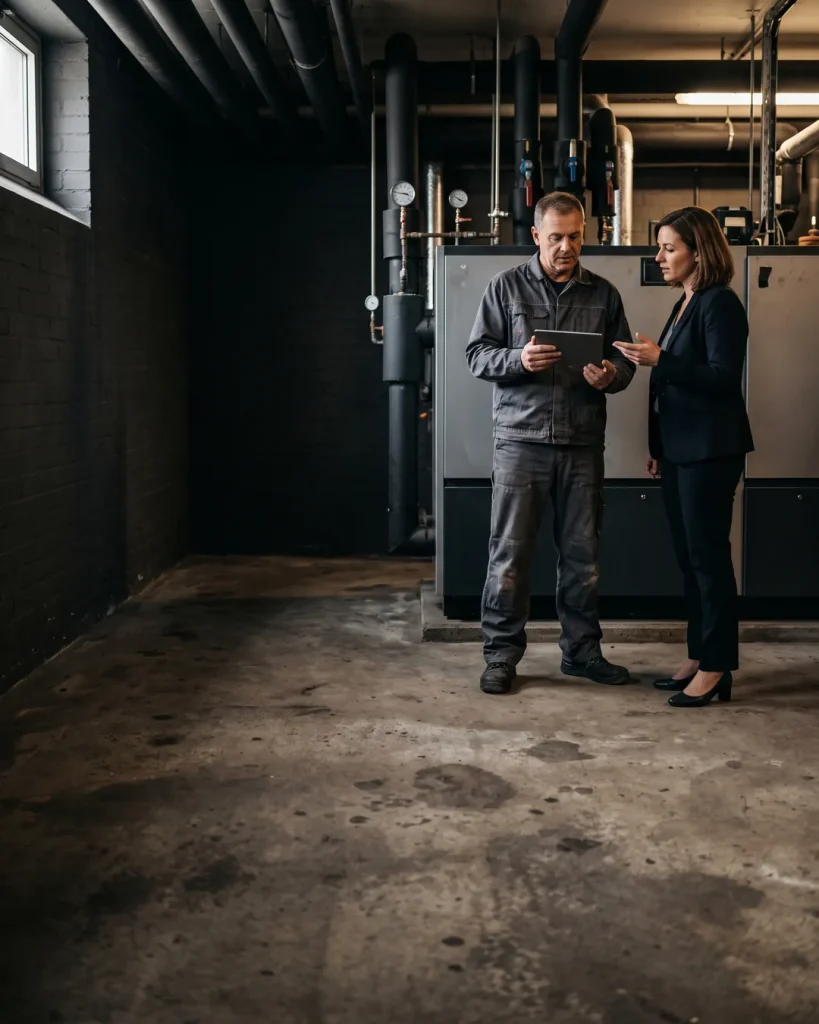 A hotel’s chief engineer and general manager review energy data on a tablet in the plant room.
