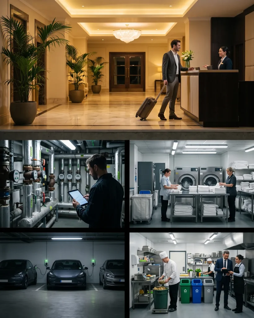 Cutaway of a hotel: a guest checks in at the lobby reception while, on the floors below, an engineer, the laundry team and the kitchen keep the hotel running and electric cars charge in the car park.