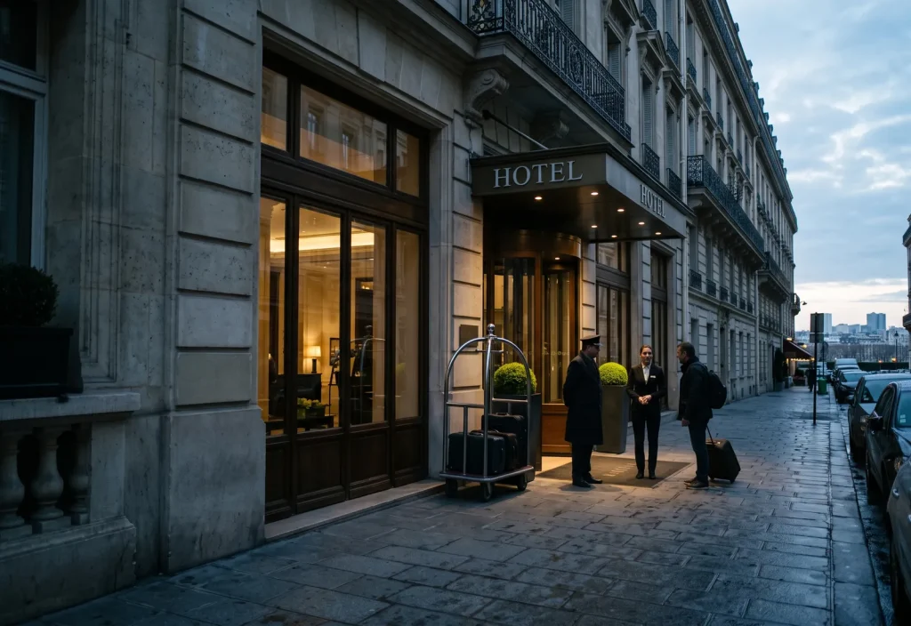 A doorman and a receptionist welcome a guest with a suitcase at the entrance of a city hotel at dusk.
