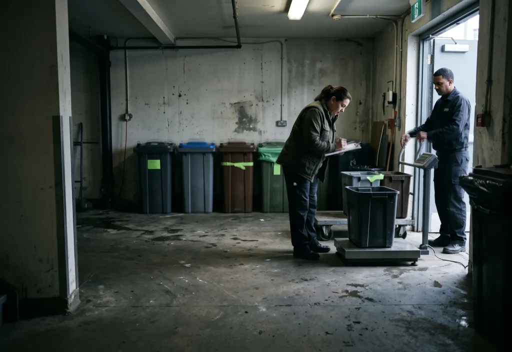 A supervisor weighs sorted waste on a scale in the hotel’s waste room.