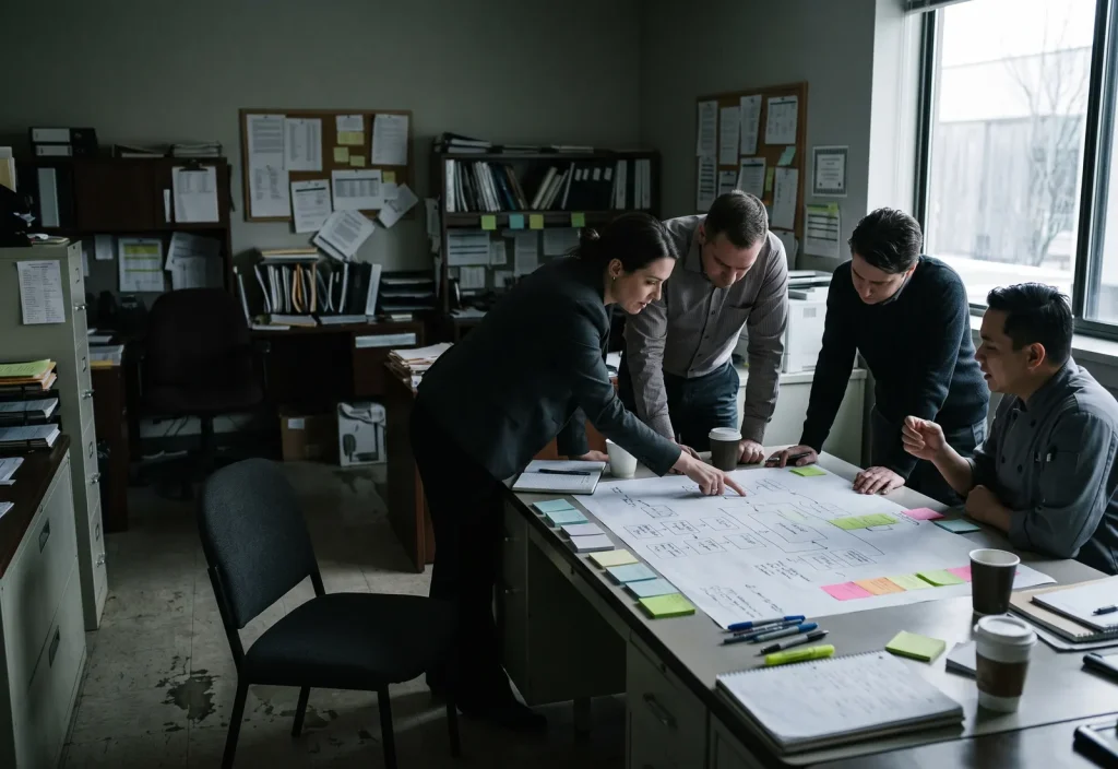 The hotel management team reviews a process map around a meeting table.