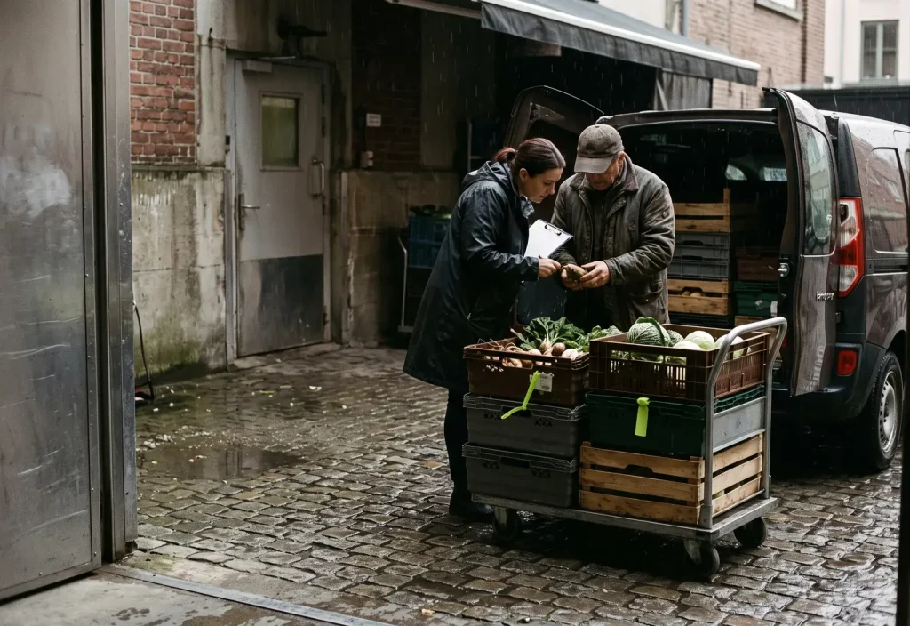 The hotel’s purchasing manager receives vegetables from a local farmer at the service entrance.