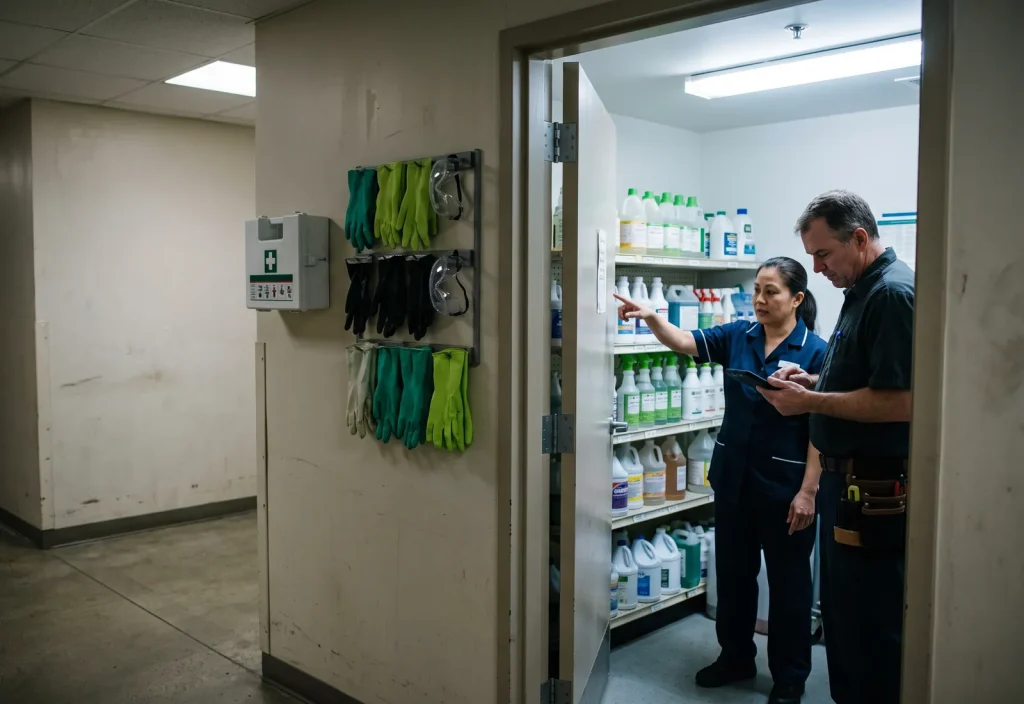 A housekeeping supervisor shows the chief engineer the labelled chemical store, next to the first-aid kit and a rack of gloves and safety goggles.