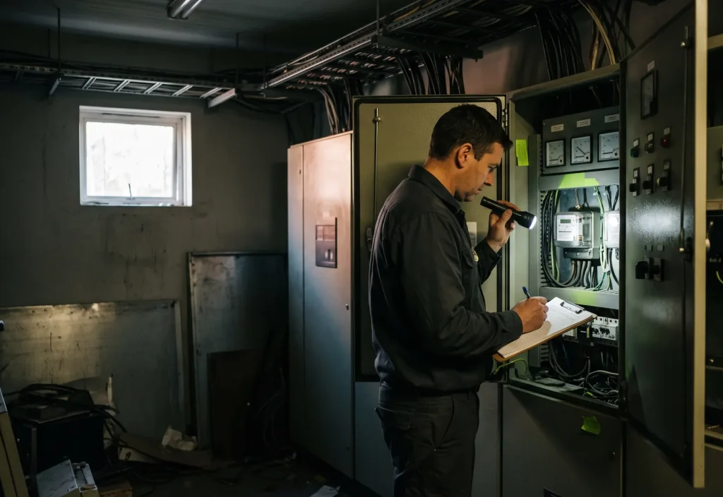 A maintenance engineer reads an energy meter on the switchboard by torchlight and logs the value.