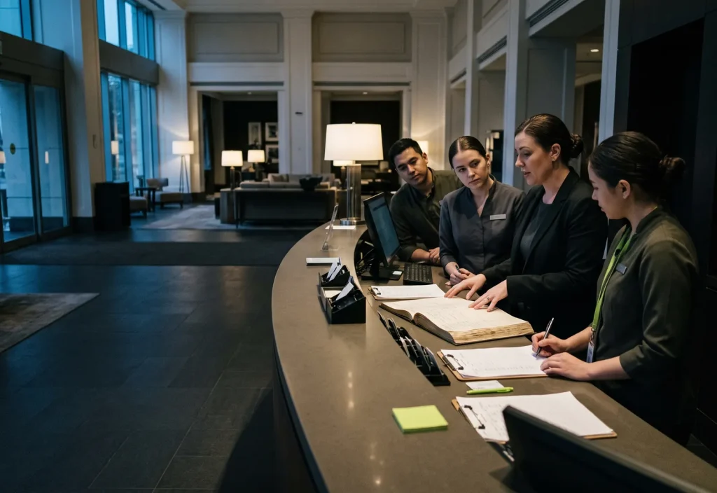 The front office manager briefs the reception team at the morning shift handover.