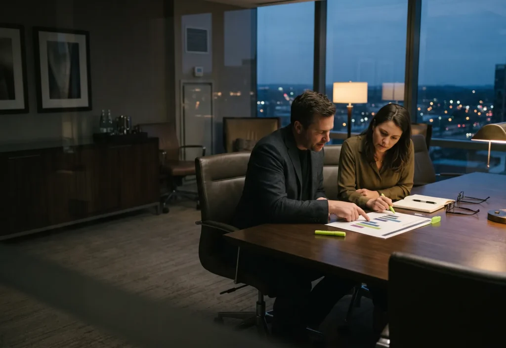 The hotel owner and a sustainability advisor review the ESG report in the boardroom at dusk.